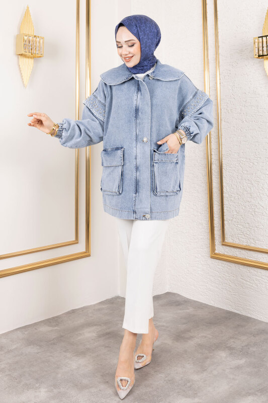 Kolları Taşlı Kot Ceket TSD250132 Açık Mavi - 1