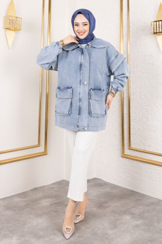Kolları Taşlı Kot Ceket TSD250132 Açık Mavi - 4