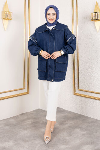Kolları Taşlı Kot Ceket TSD250132 Koyu Mavi 