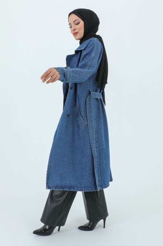 Kolu Apolet Detaylı Beli Kuşaklı Kot Kap TSD231215 Mavi - 5