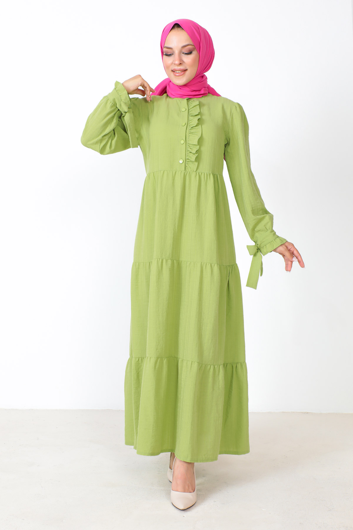 Tesettür Dünyası - Kolu Bağlamalı Tesettür Elbise TSD221207 Fıstık Yeşili