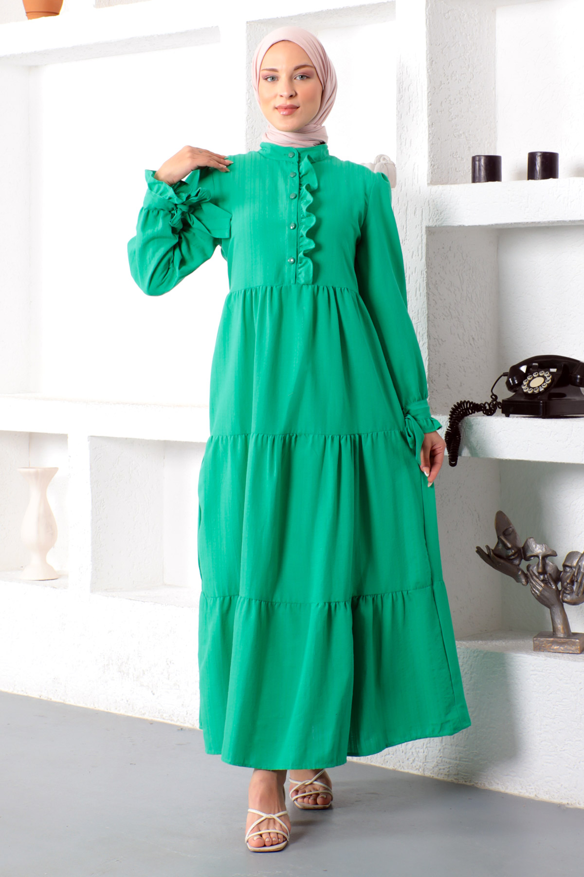 Tesettür Dünyası - Kolu Bağlamalı Tesettür Elbise TSD221207 Yeşil
