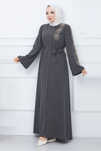 Kolu Boncuk İşlemeli Kuşaklı Tesettür Ferace TSD240203 Antrasit 
