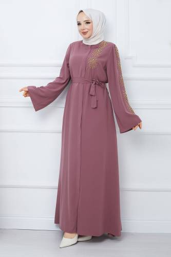 Kolu Boncuk İşlemeli Kuşaklı Tesettür Ferace TSD240203 Gül Kurusu - Tesettür Dünyası