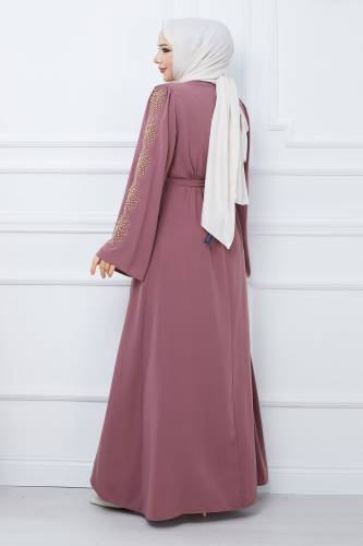 Kolu Boncuk İşlemeli Kuşaklı Tesettür Ferace TSD240203 Gül Kurusu - 5