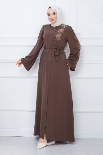 Kolu Boncuk İşlemeli Kuşaklı Tesettür Ferace TSD240203 Kahverengi - Tesettür Dünyası