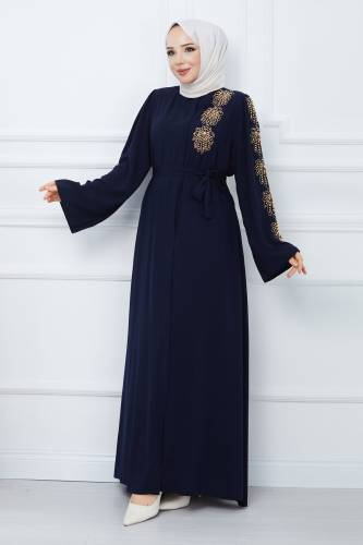 Kolu Boncuk İşlemeli Kuşaklı Tesettür Ferace TSD240203 Lacivert - Tesettür Dünyası
