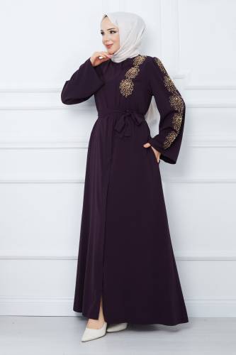 Kolu Boncuk İşlemeli Kuşaklı Tesettür Ferace TSD240203 Mürdüm 