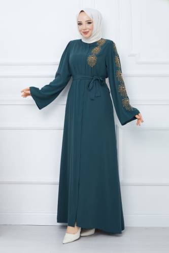 Kolu Boncuk İşlemeli Kuşaklı Tesettür Ferace TSD240203 Petrol 