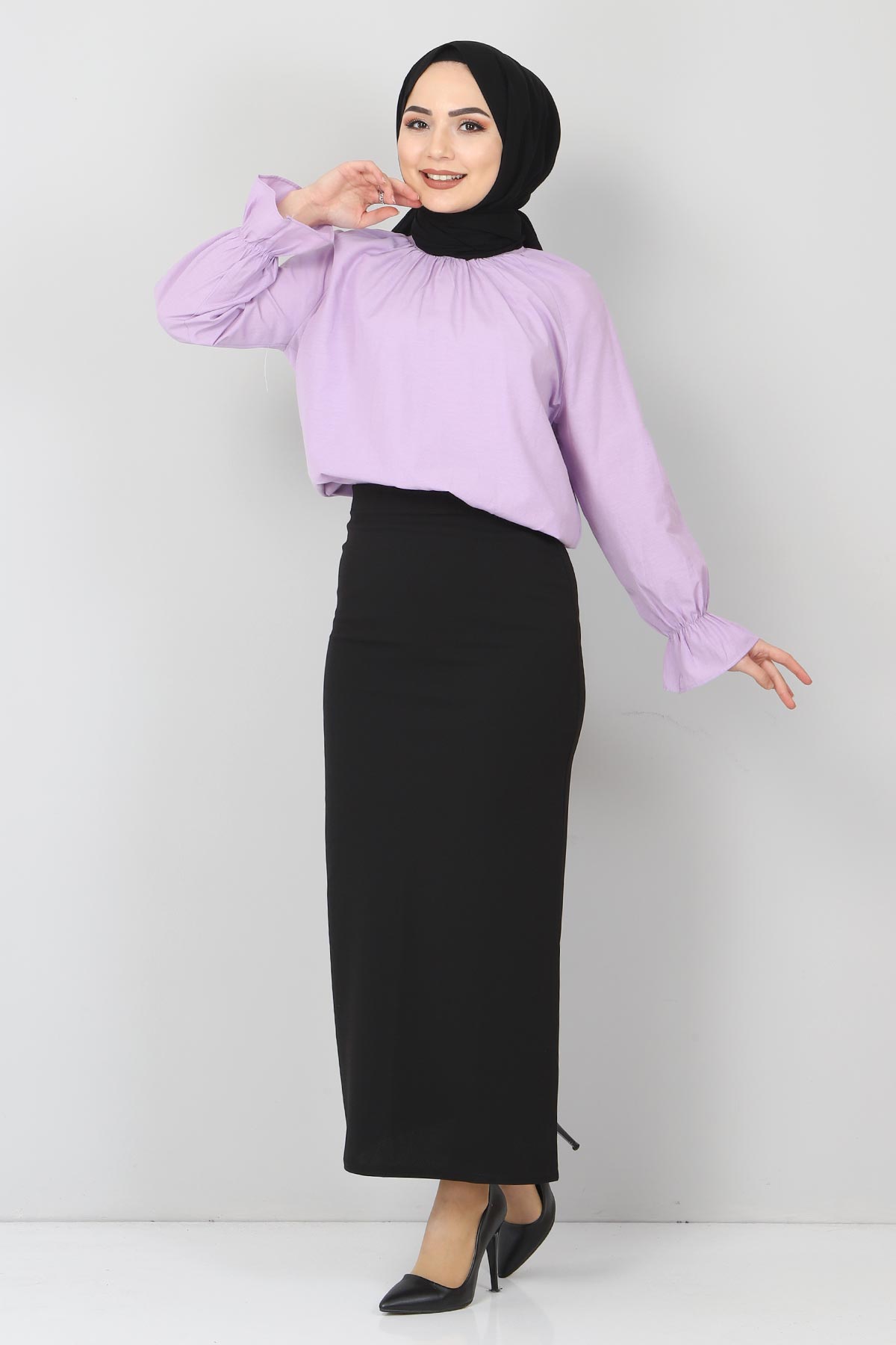 Tesettür Dünyası - Kolu Büzgülü Bluz TSD10541 Lila