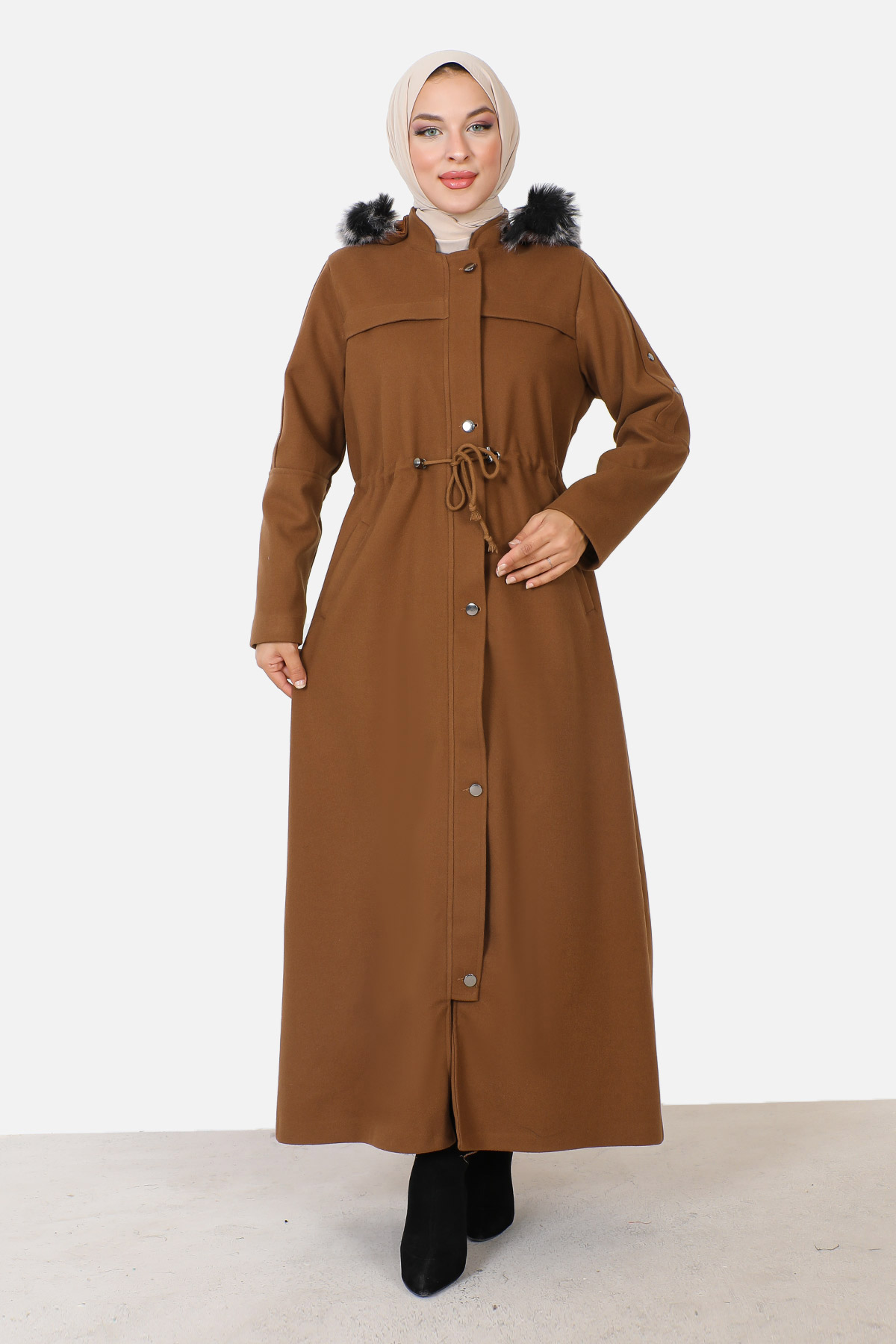 Tesettür Dünyası - Kolu Çakımlı Tam Boy Kaşe Kaban TSD230915 Camel