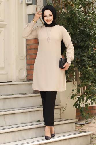 Kolu Dantel Detaylı Kolyeli Tunik TSD240408 Bej 