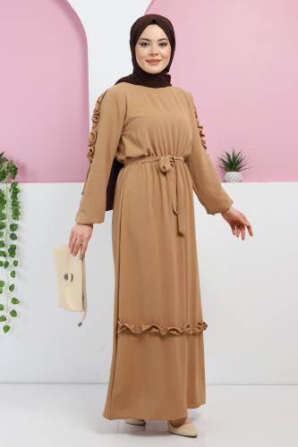 Kolu Fırfırlı Elbise TSD220325 Camel 