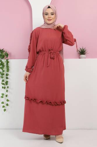 Kolu Fırfırlı Elbise TSD220325 Gül Kurusu 