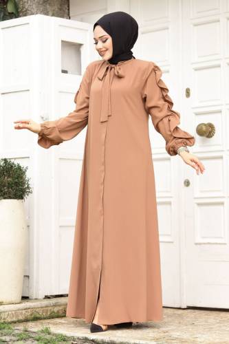 Kolu Fırfırlı Yakası Bağlama Detaylı Ferace TSD240246 Camel 