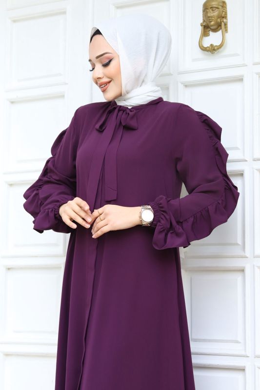 Kolu Fırfırlı Yakası Bağlama Detaylı Ferace TSD240246 Mürdüm - 2