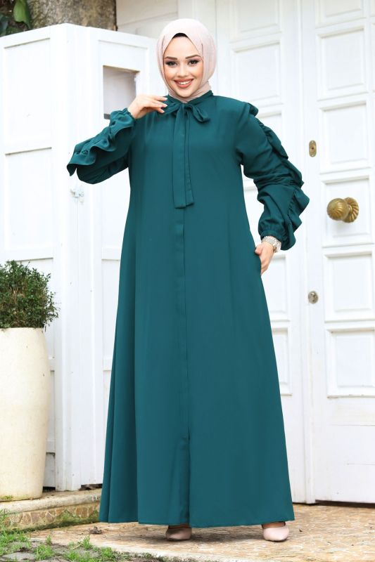 Kolu Fırfırlı Yakası Bağlama Detaylı Ferace TSD240246 Petrol - Tesettür Dünyası