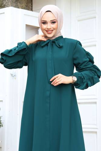 Kolu Fırfırlı Yakası Bağlama Detaylı Ferace TSD240246 Petrol - Tesettür Dünyası (1)