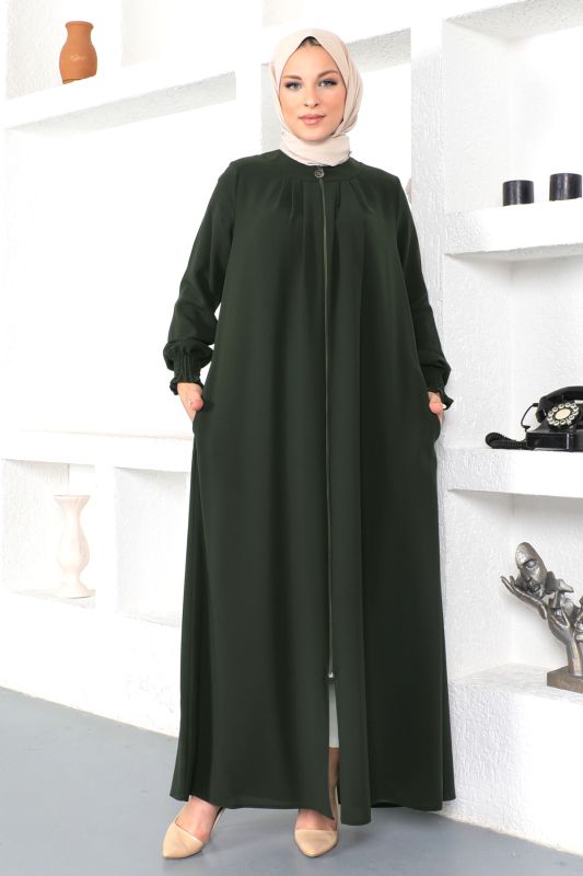 Kolu Gipe Lastikli Tesettür Ferace TSD230332 Haki - 1