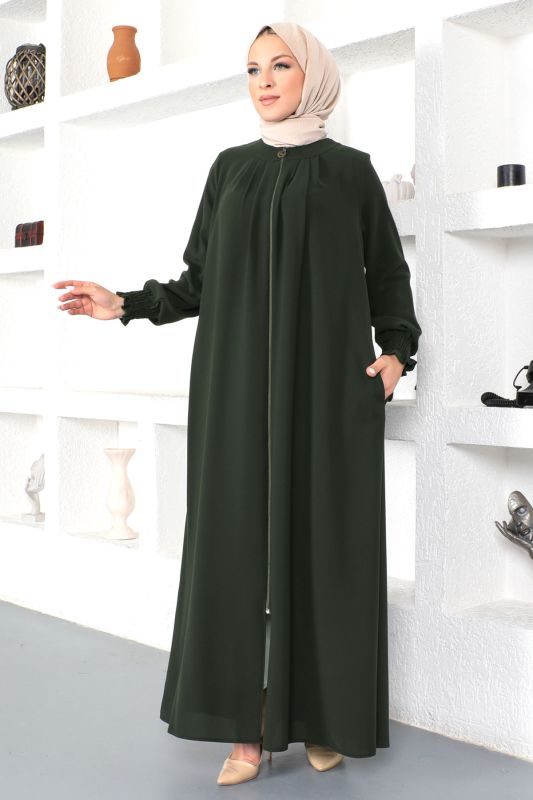 Kolu Gipe Lastikli Tesettür Ferace TSD230332 Haki - 2