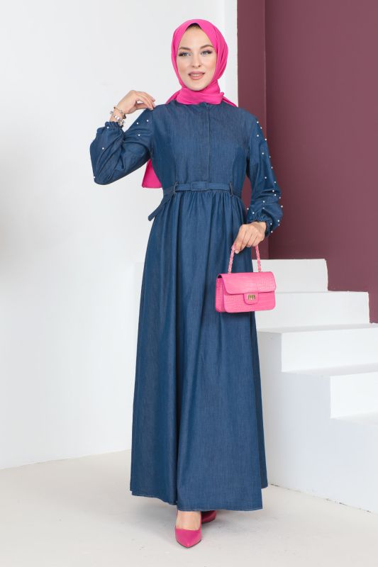 Kolu İnci Detaylı Kot Elbise TSD230646 Mavi - Tesettür Dünyası