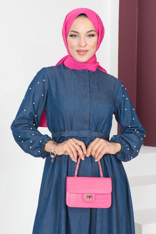 Kolu İnci Detaylı Kot Elbise TSD230646 Mavi - Tesettür Dünyası (1)