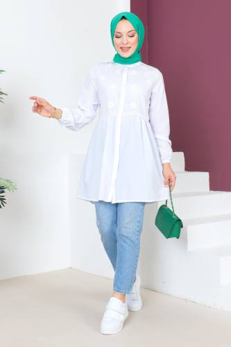 Kolu Lastikli Nakışlı Tunik TSD230620 Beyaz 
