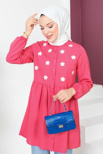 Kolu Lastikli Nakışlı Tunik TSD230620 Pembe - Tesettür Dünyası (1)