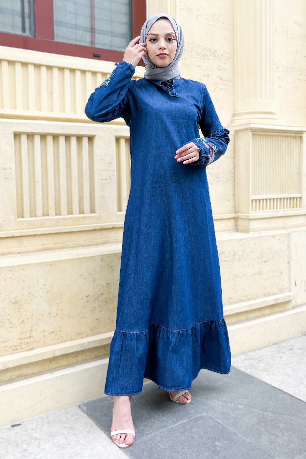 Tesettür Dünyası - Kolu Nakışlı Kot Elbise TSD220812 Koyu Mavi