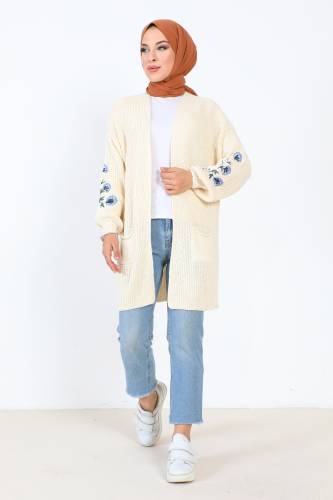 Kolu Nakışlı Triko Hırka TSD231005 Bej - 1