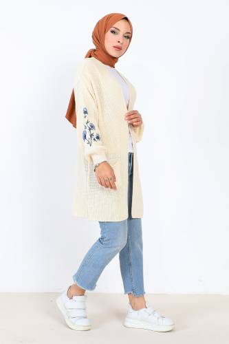 Kolu Nakışlı Triko Hırka TSD231005 Bej - 4