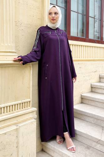 Kolu Şerit Detaylı Büyük Beden Ferace TSD220814 Mürdüm 