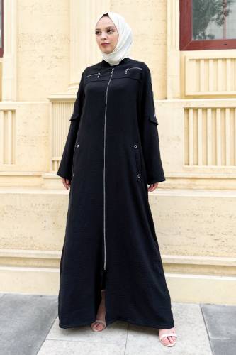 Kolu Şerit Detaylı Büyük Beden Ferace TSD220814 Siyah 