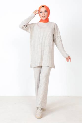 Kolu Süs Düğmeli Triko Takım TSD230801 Bej 