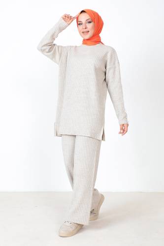 Kolu Süs Düğmeli Triko Takım TSD230801 Bej - 3