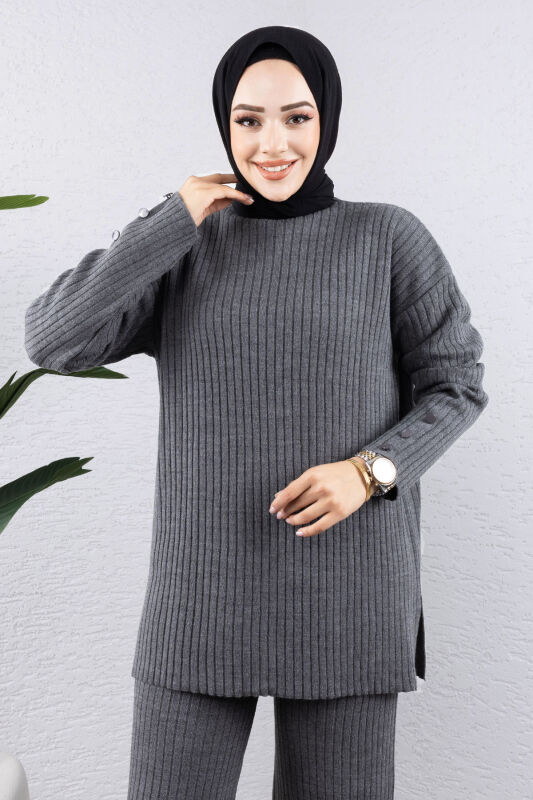 Kolu Ucu Düğme Detaylı Triko Takım TSD240947 Antrasit - Tesettür Dünyası (1)