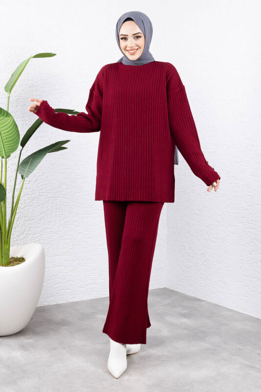 Kolu Ucu Düğme Detaylı Triko Takım TSD240947 Bordo - Tesettür Dünyası