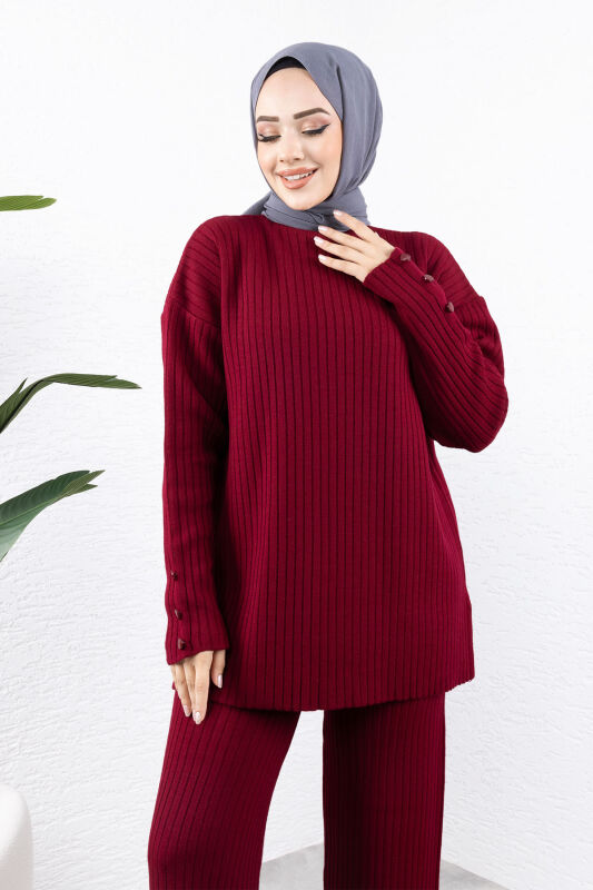 Kolu Ucu Düğme Detaylı Triko Takım TSD240947 Bordo - Tesettür Dünyası (1)