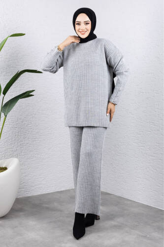 Kolu Ucu Düğme Detaylı Triko Takım TSD240947 Gri - 1