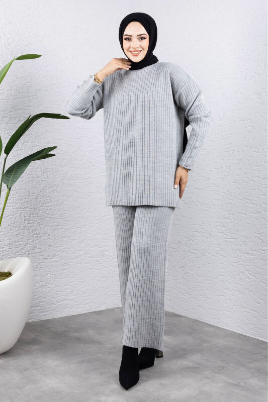 Kolu Ucu Düğme Detaylı Triko Takım TSD240947 Gri - 1
