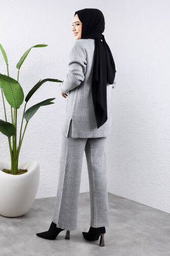 Kolu Ucu Düğme Detaylı Triko Takım TSD240947 Gri - 4
