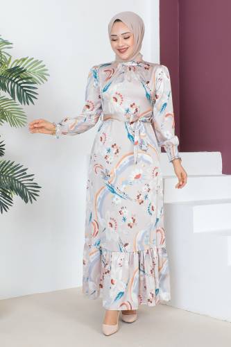 Kolu Ucu Gipe Detaylı Elbise TSD230605 Bej 