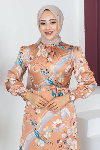 Kolu Ucu Gipe Detaylı Elbise TSD230605 Taba - Tesettür Dünyası (1)