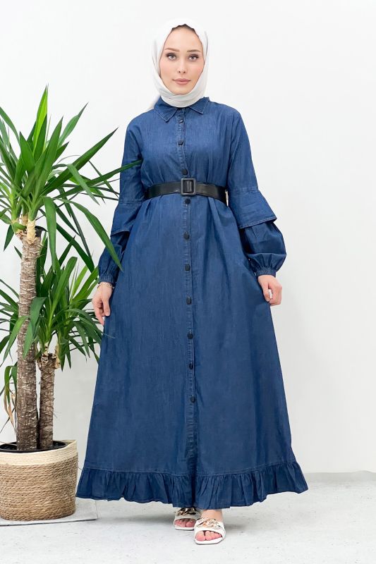 Kolu Volan Detaylı Kot Elbise TSD220912 Koyu Mavi - Tesettür Dünyası