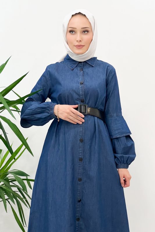 Kolu Volan Detaylı Kot Elbise TSD220912 Koyu Mavi - Tesettür Dünyası (1)