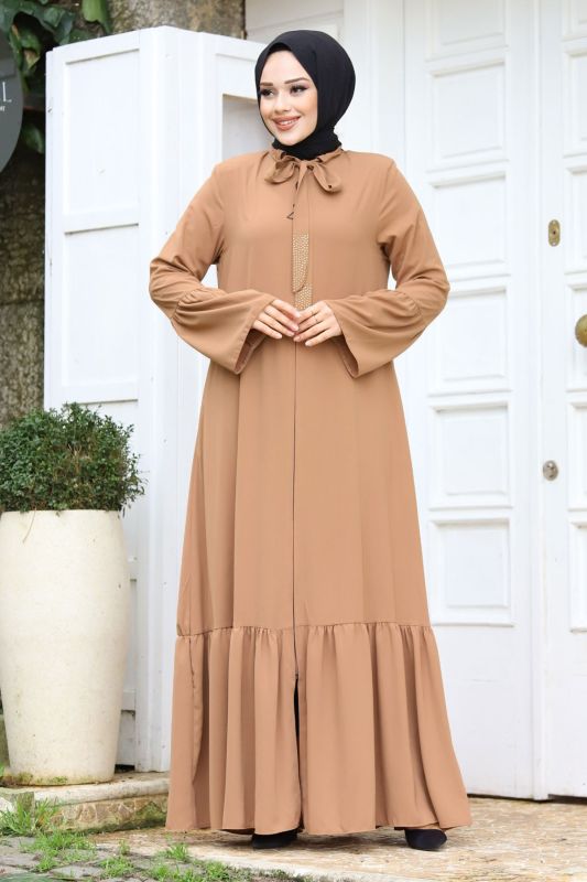 Kolu Volanlı Yakası Bağlama Detaylı Tesettür Ferace TSD240244 - Tesettür Dünyası