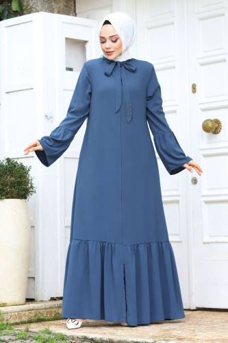 Kolu Volanlı Yakası Bağlama Detaylı Tesettür Ferace TSD240244 