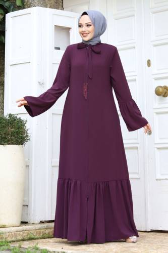 Kolu Volanlı Yakası Bağlama Detaylı Tesettür Ferace TSD240244 
