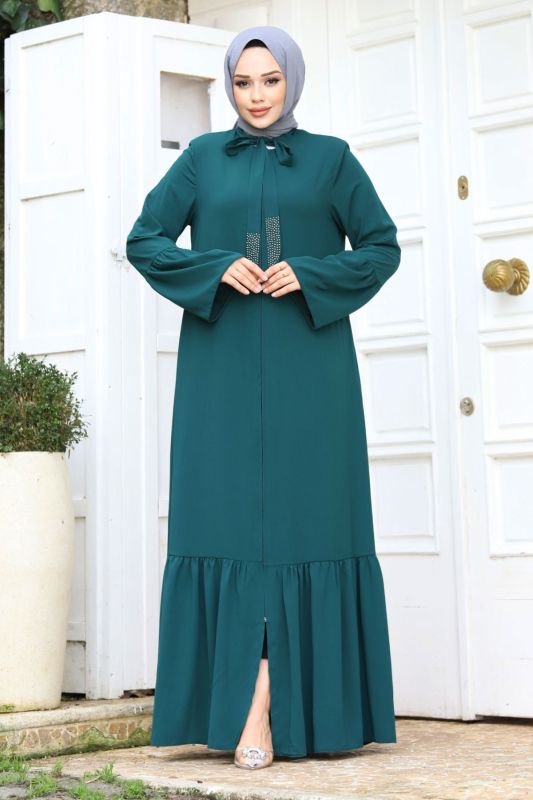 Kolu Volanlı Yakası Bağlama Detaylı Tesettür Ferace TSD240244 - Tesettür Dünyası
