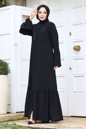 Kolu Volanlı Yakası Bağlama Detaylı Tesettür Ferace TSD240244 